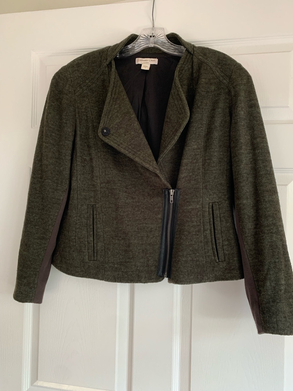 Coldwater Creek Olive Green Asymmetrical Zip Wool-Blend Blazer Size 8